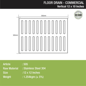 Vertical Commercial 304-Grade Floor Drain (12 x 12 Inches) - LIPKA - Lipka Home