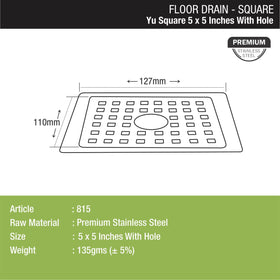 YU Square Floor Drain (5 x 5 Inches) with Hole - LIPKA - Lipka Home