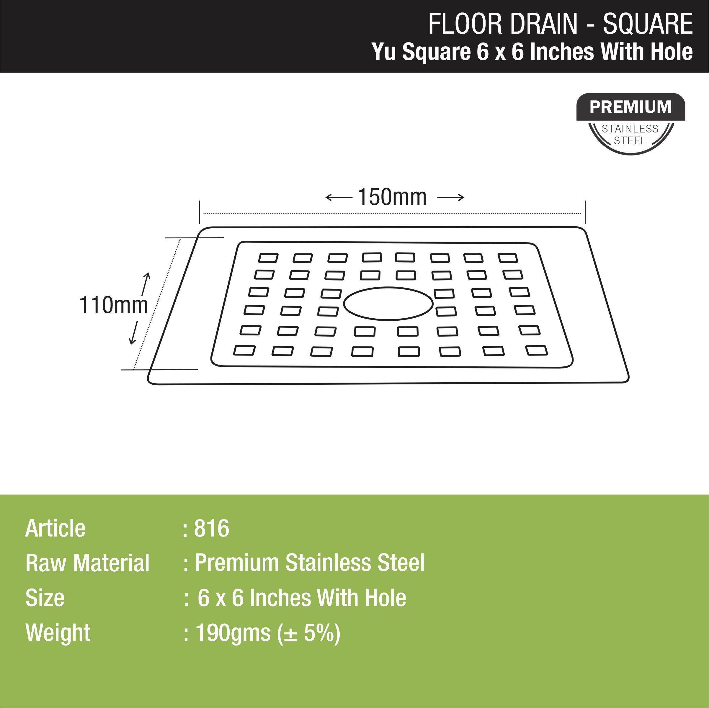 YU Square Floor Drain (6 x 6 Inches) with Hole dimensions