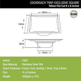 Yellow Exclusive Square Flat Cut Floor Drain (6 x 6 Inches) with Cockroach Trap - LIPKA - Lipka Home