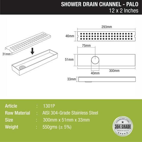 Palo Shower Drain Channel 304-Grade (12 x 2 Inches) - LIPKA - Lipka Home