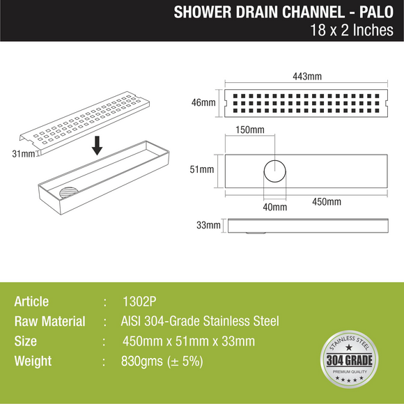 Palo Shower Drain Channel 304-Grade (18 x 2 Inches) - LIPKA - Lipka Home
