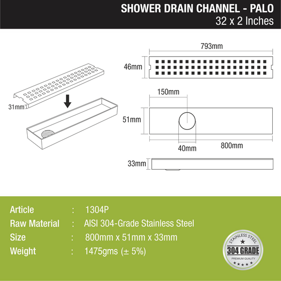 Palo Shower Drain Channel 304-Grade (32 x 2 Inches) - LIPKA - Lipka Home