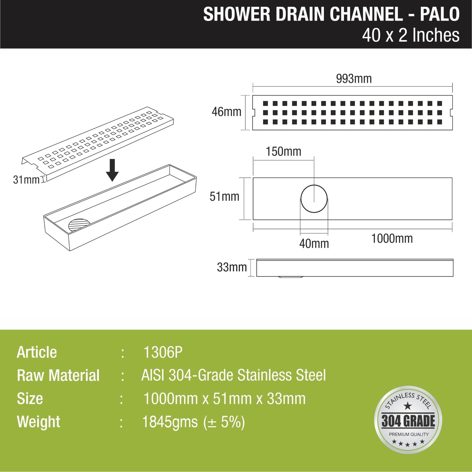 Palo Shower Drain Channel 304-Grade (40 x 2 Inches) - LIPKA