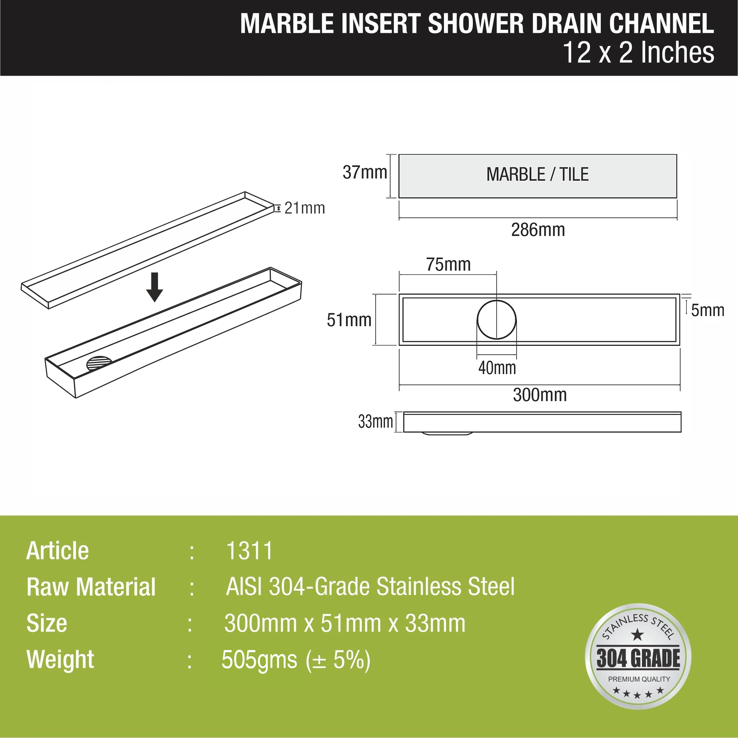 Marble Insert Shower Drain Channel (12 x 2 Inches) - LIPKA - 0