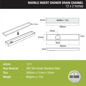 Marble Insert Shower Drain Channel (12 x 2 Inches) - LIPKA - Lipka Home