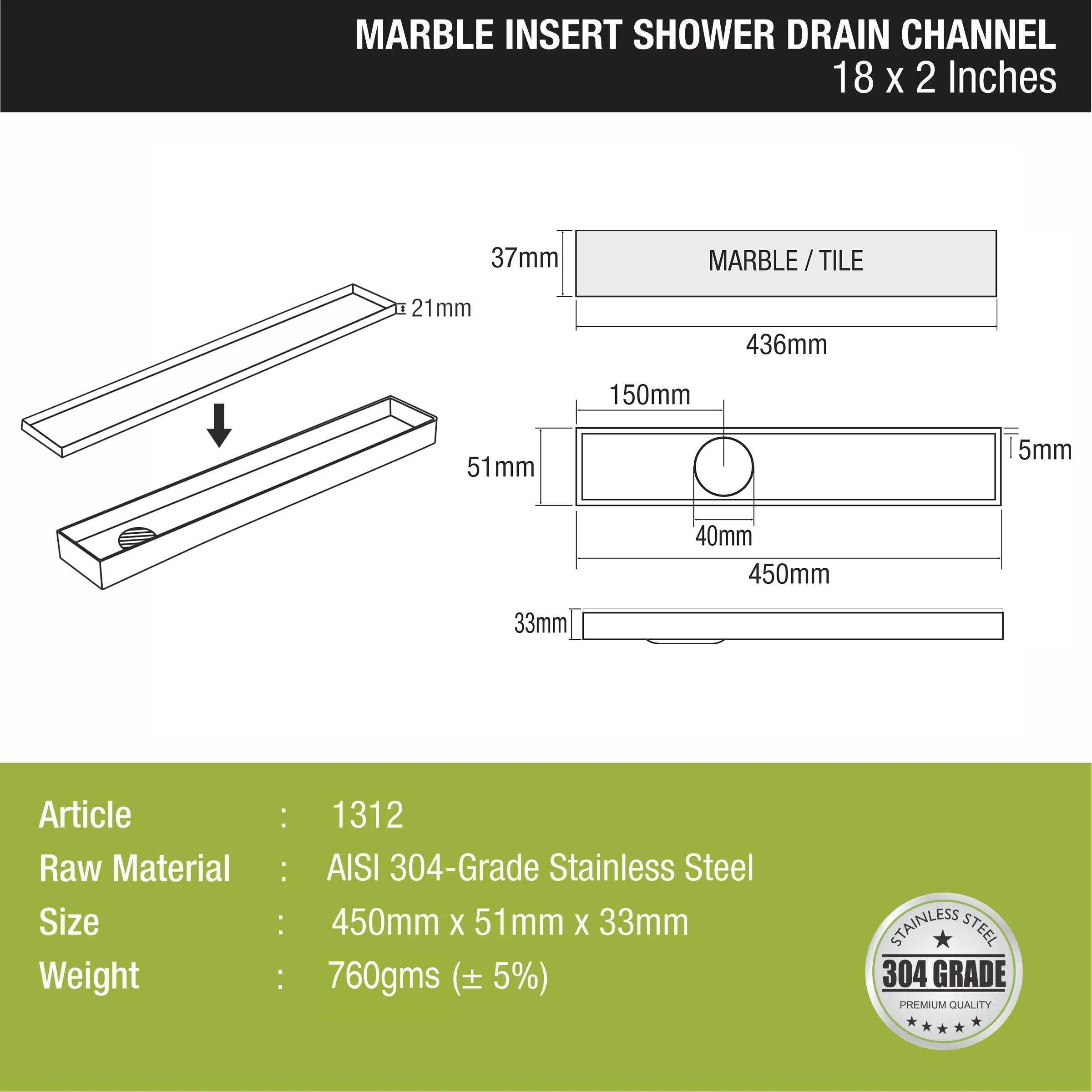 Marble Insert Shower Drain Channel (18 x 2 Inches) - LIPKA - 0