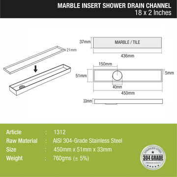 Marble Insert Shower Drain Channel (18 x 2 Inches) - LIPKA - Lipka Home