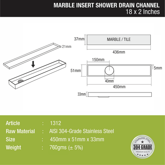 Marble Insert Shower Drain Channel (18 x 2 Inches) - LIPKA - Lipka Home