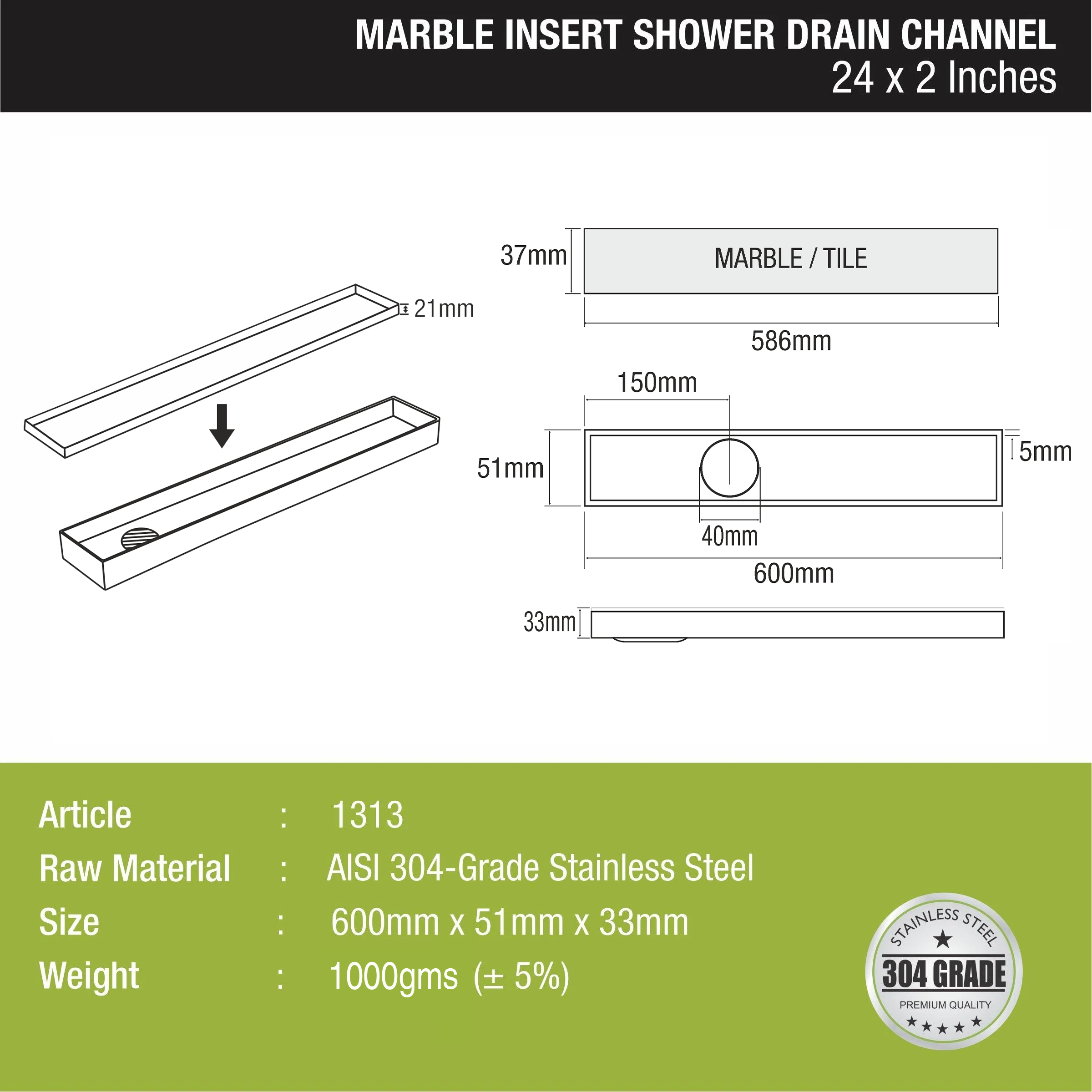 Marble Insert Shower Drain Channel (24 x 2 Inches) - LIPKA - 0