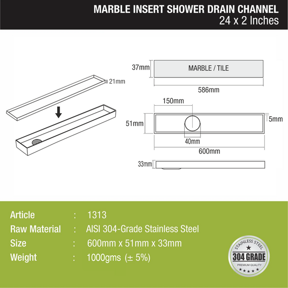 Marble Insert Shower Drain Channel (24 x 2 Inches) - LIPKA - Lipka Home