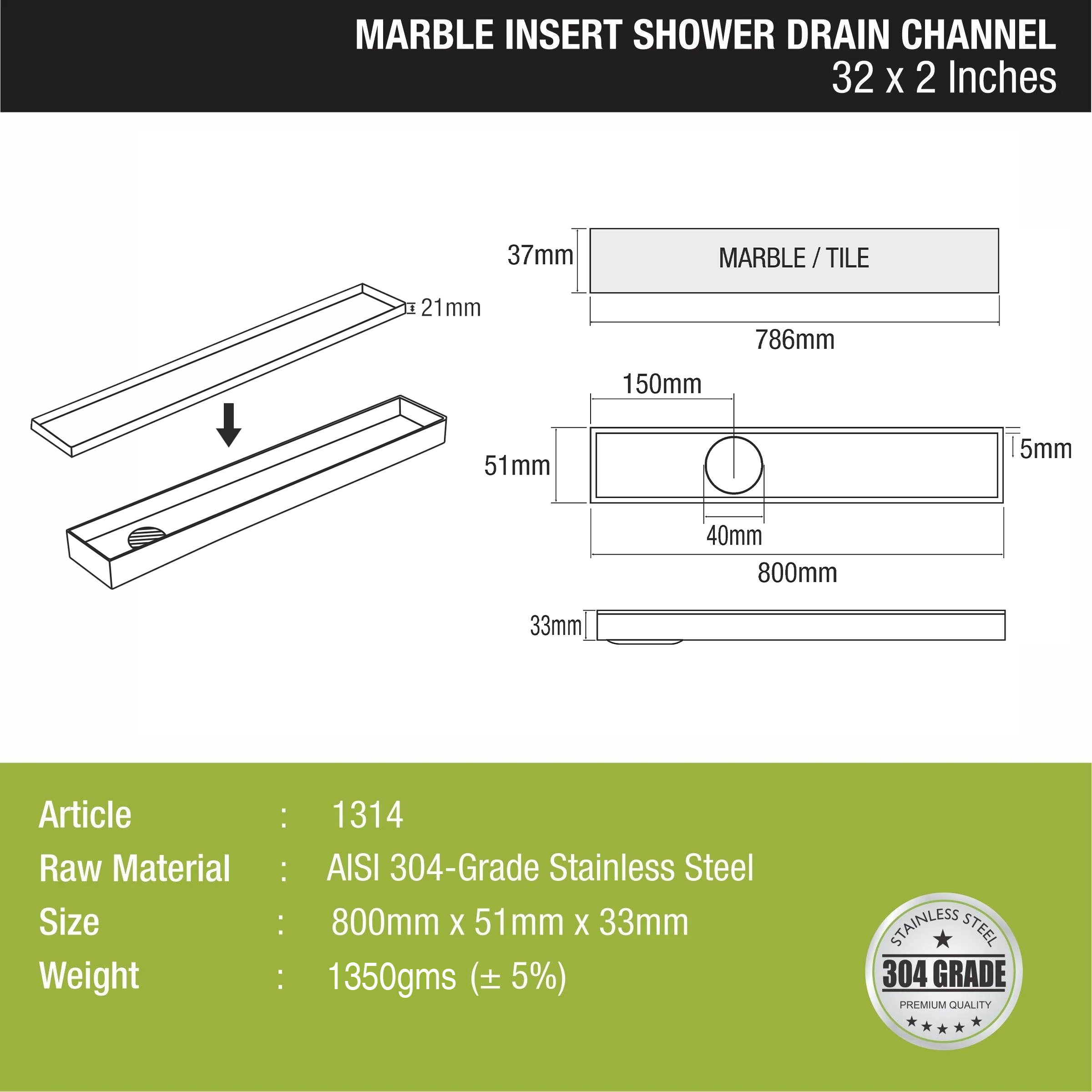 Marble Insert Shower Drain Channel (32 x 2 Inches) - LIPKA - 0