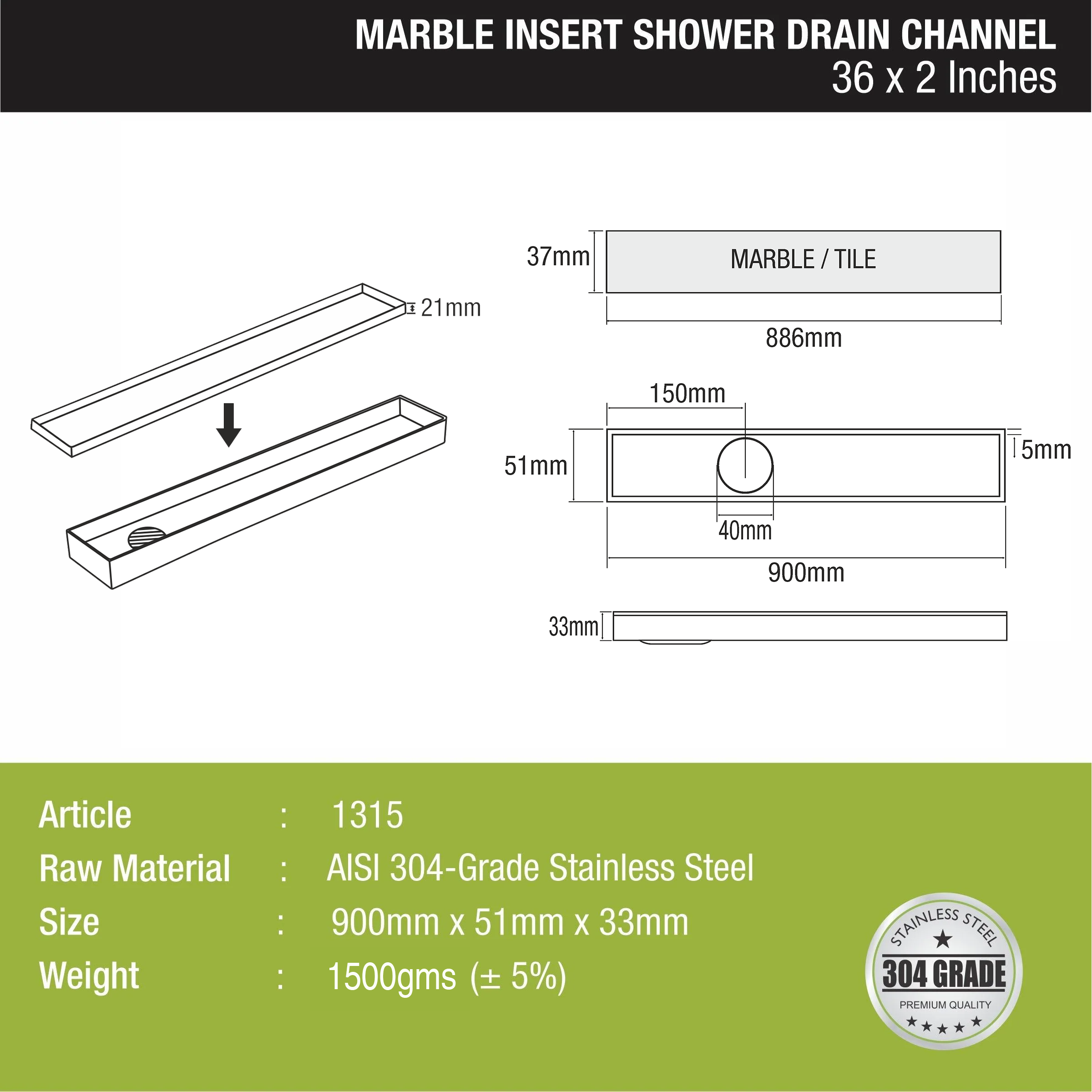 Marble Insert Shower Drain Channel (36 x 2 Inches) - LIPKA - 0