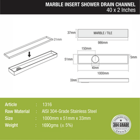 Marble Insert Shower Drain Channel (40 x 2 Inches) - LIPKA - Lipka Home