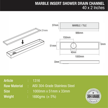 Marble Insert Shower Drain Channel (40 x 2 Inches) - LIPKA - Lipka Home