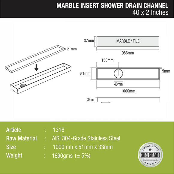 Marble Insert Shower Drain Channel (40 x 2 Inches) - LIPKA - Lipka Home