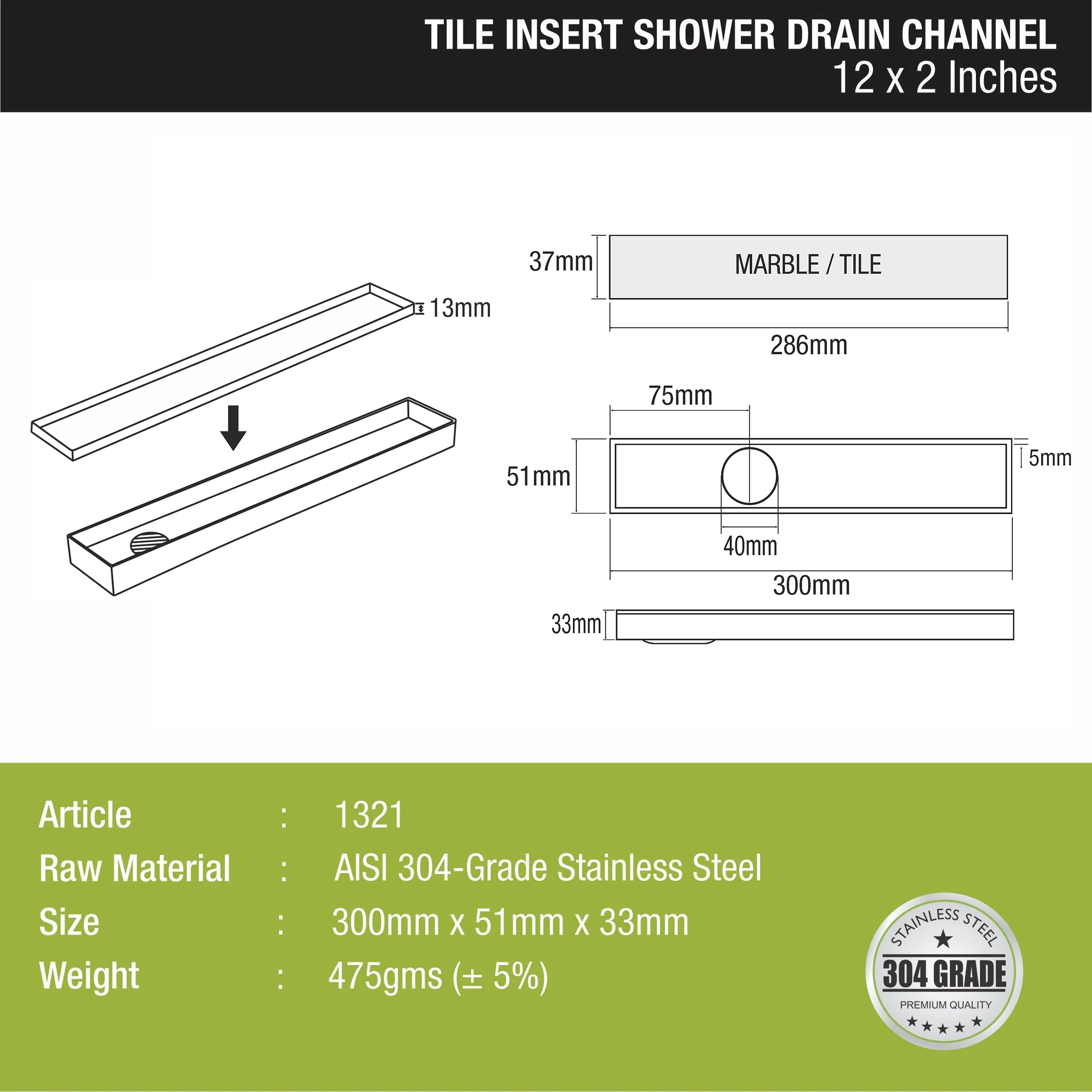 Tile Insert Shower Drain Channel (12 x 2 Inches) - LIPKA