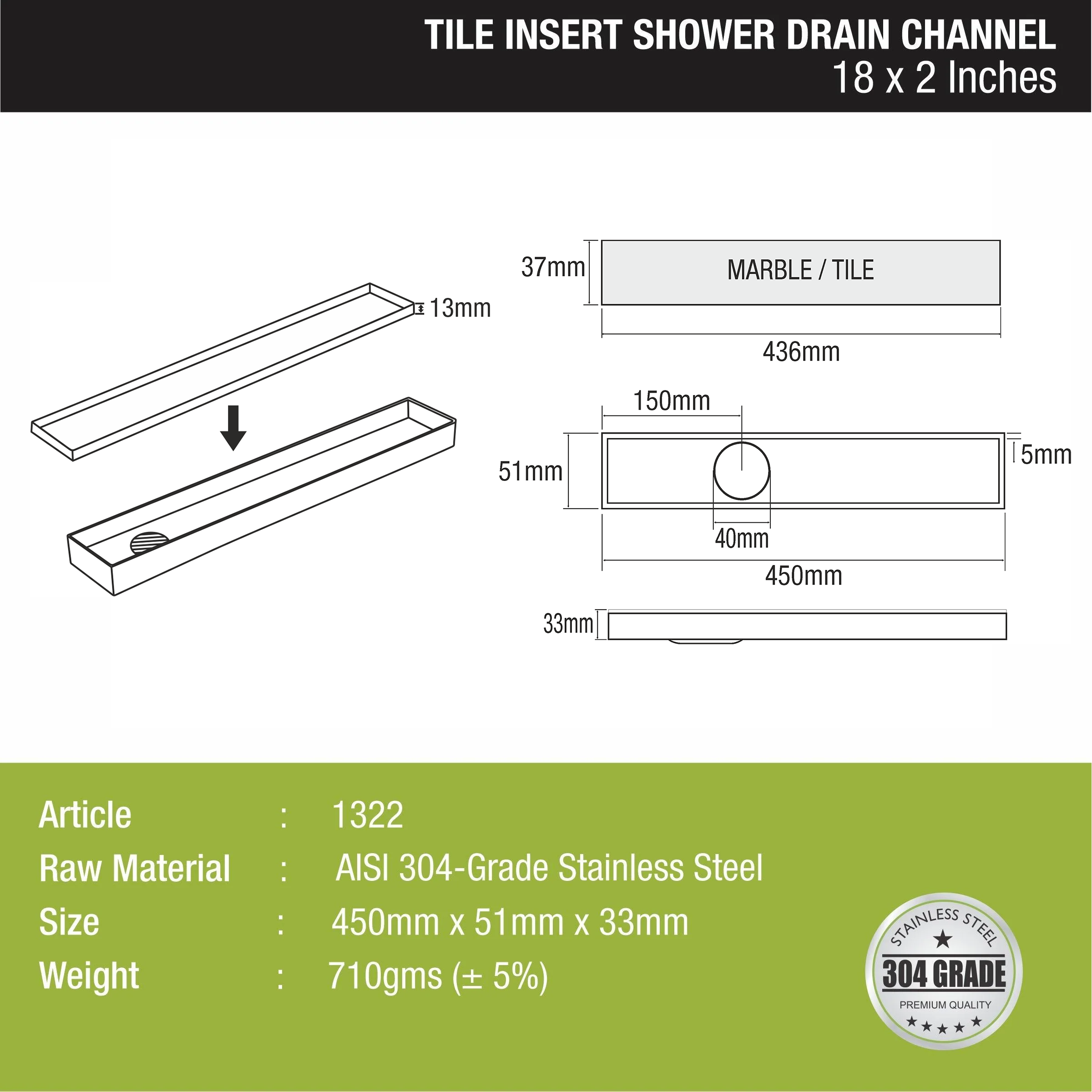 Tile Insert Shower Drain Channel (18 x 2 Inches) - LIPKA - 0