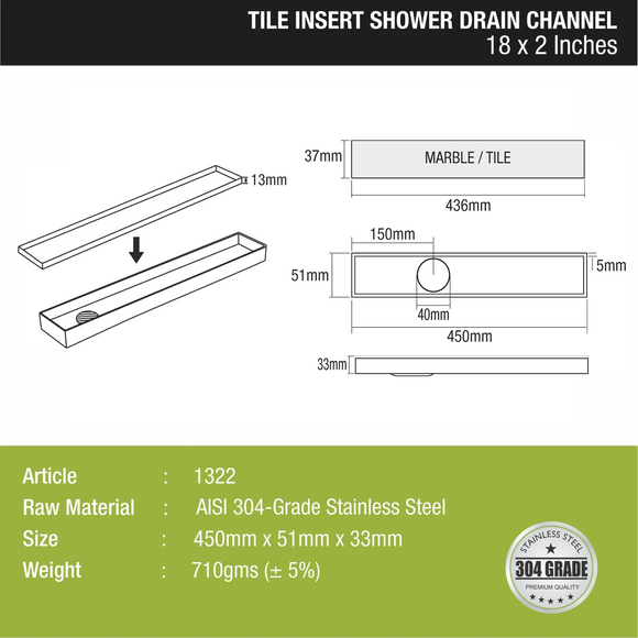 Tile Insert Shower Drain Channel (18 x 2 Inches) - LIPKA - Lipka Home