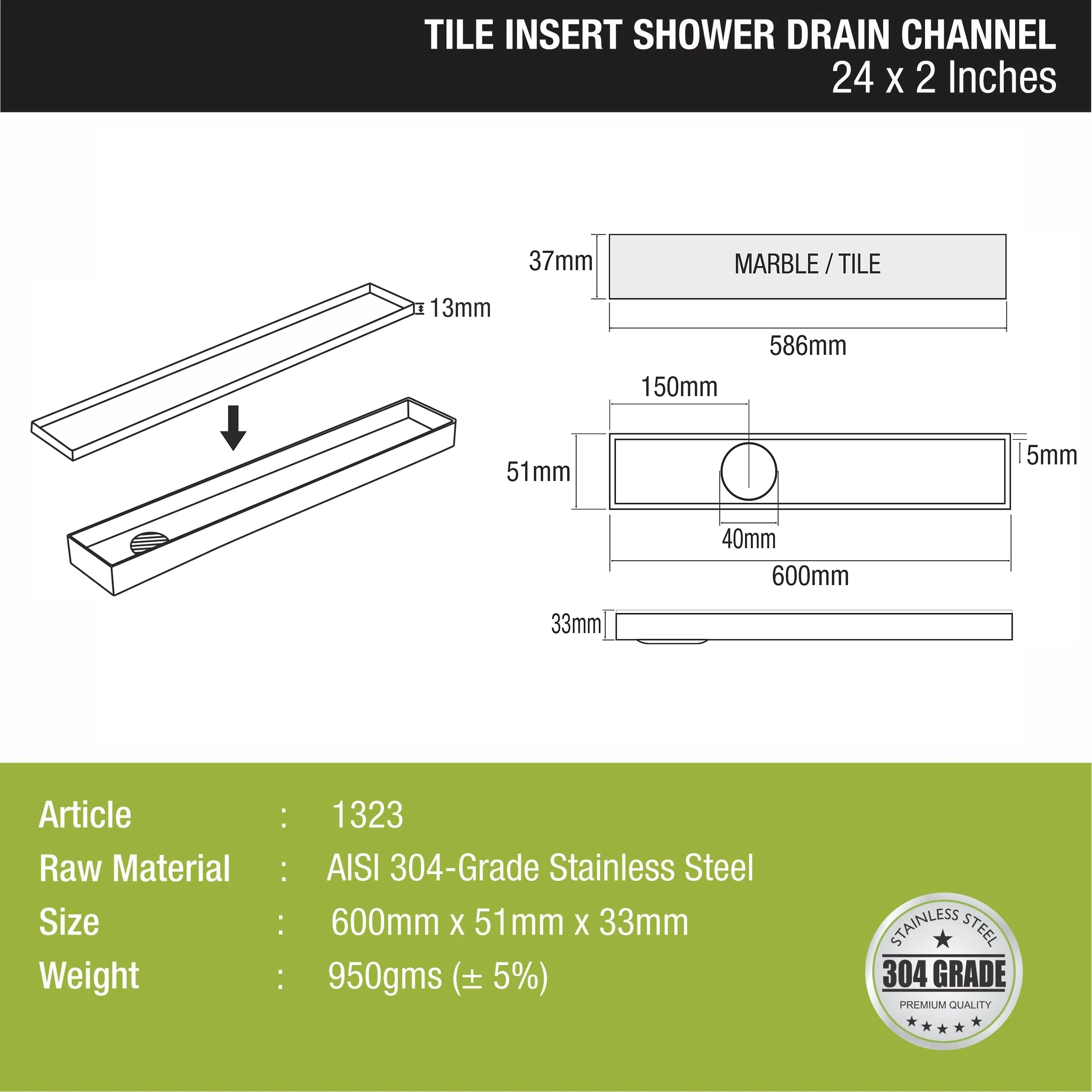 Tile Insert Shower Drain Channel (24 x 2 Inches) - LIPKA - 0