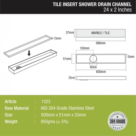 Tile Insert Shower Drain Channel (24 x 2 Inches) - LIPKA - Lipka Home