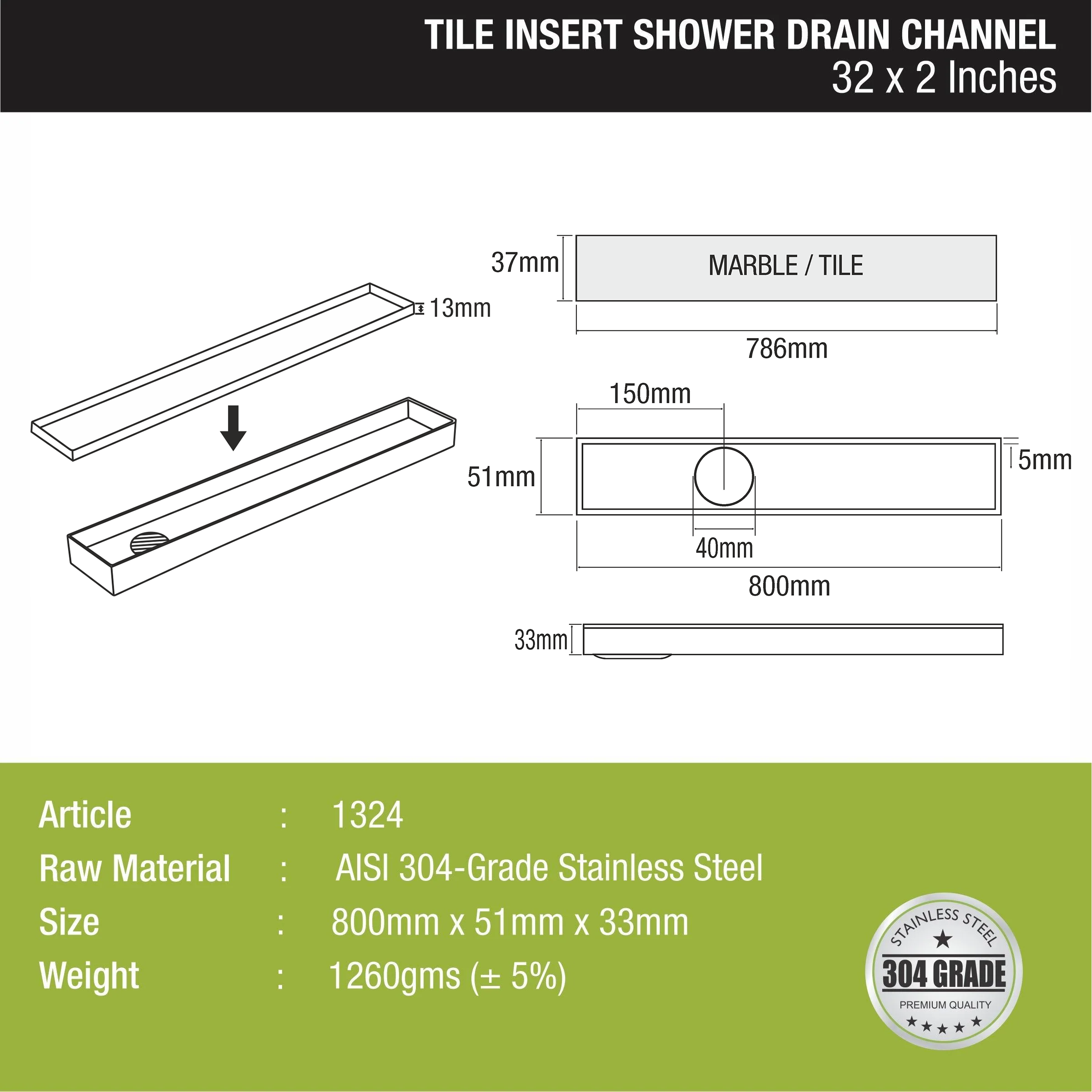 Tile Insert Shower Drain Channel (32 x 2 Inches) - LIPKA