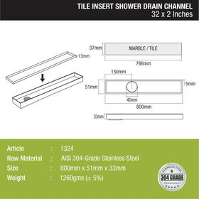 Tile Insert Shower Drain Channel (32 x 2 Inches) - LIPKA - Lipka Home