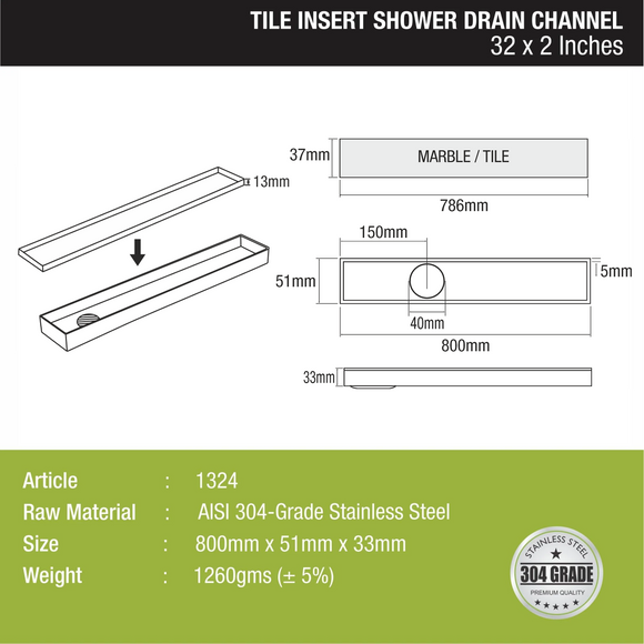 Tile Insert Shower Drain Channel (32 x 2 Inches) - LIPKA - Lipka Home