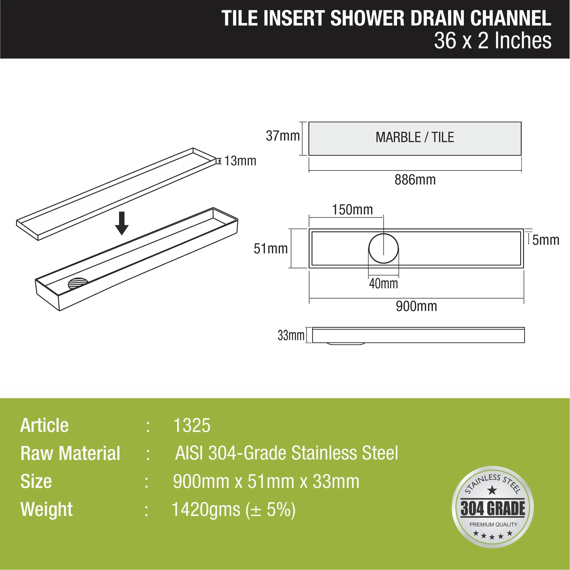 Tile Insert Shower Drain Channel (36 x 2 Inches) - LIPKA - 0