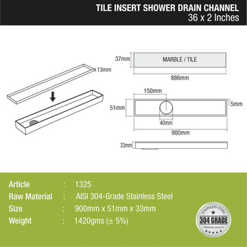 Tile Insert Shower Drain Channel (36 x 2 Inches) - LIPKA - Lipka Home