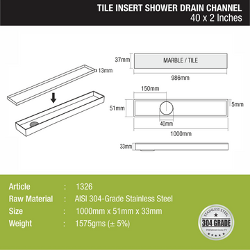 Tile Insert Shower Drain Channel (40 x 2 Inches) - LIPKA - Lipka Home