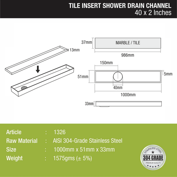 Tile Insert Shower Drain Channel (40 x 2 Inches) - LIPKA - Lipka Home