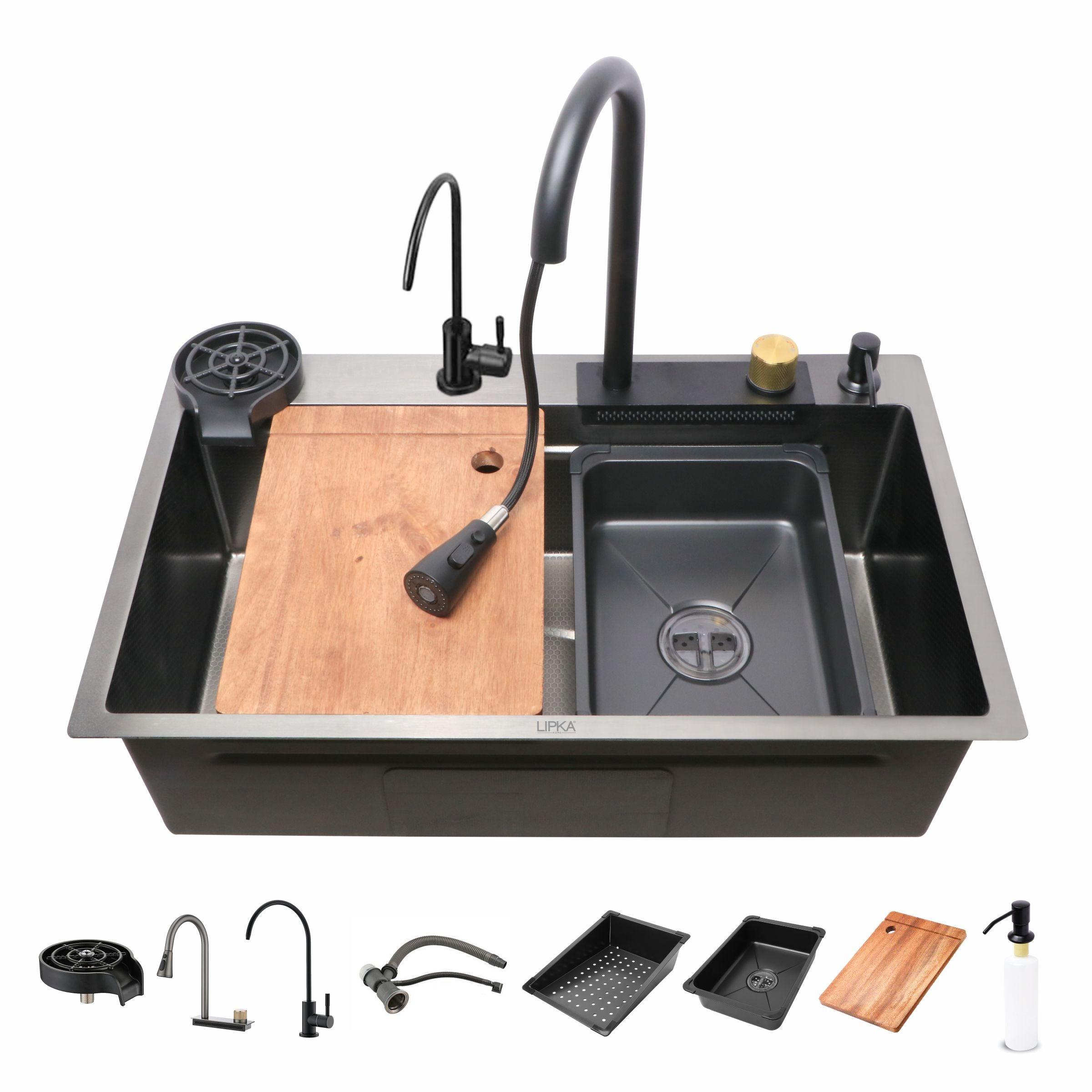 Handmade Nano Waterfall Kitchen Sink (30 x 18 x 9 inches) with Pull-out Mixer Faucet & RO Tap - LIPKA - Lipka Home