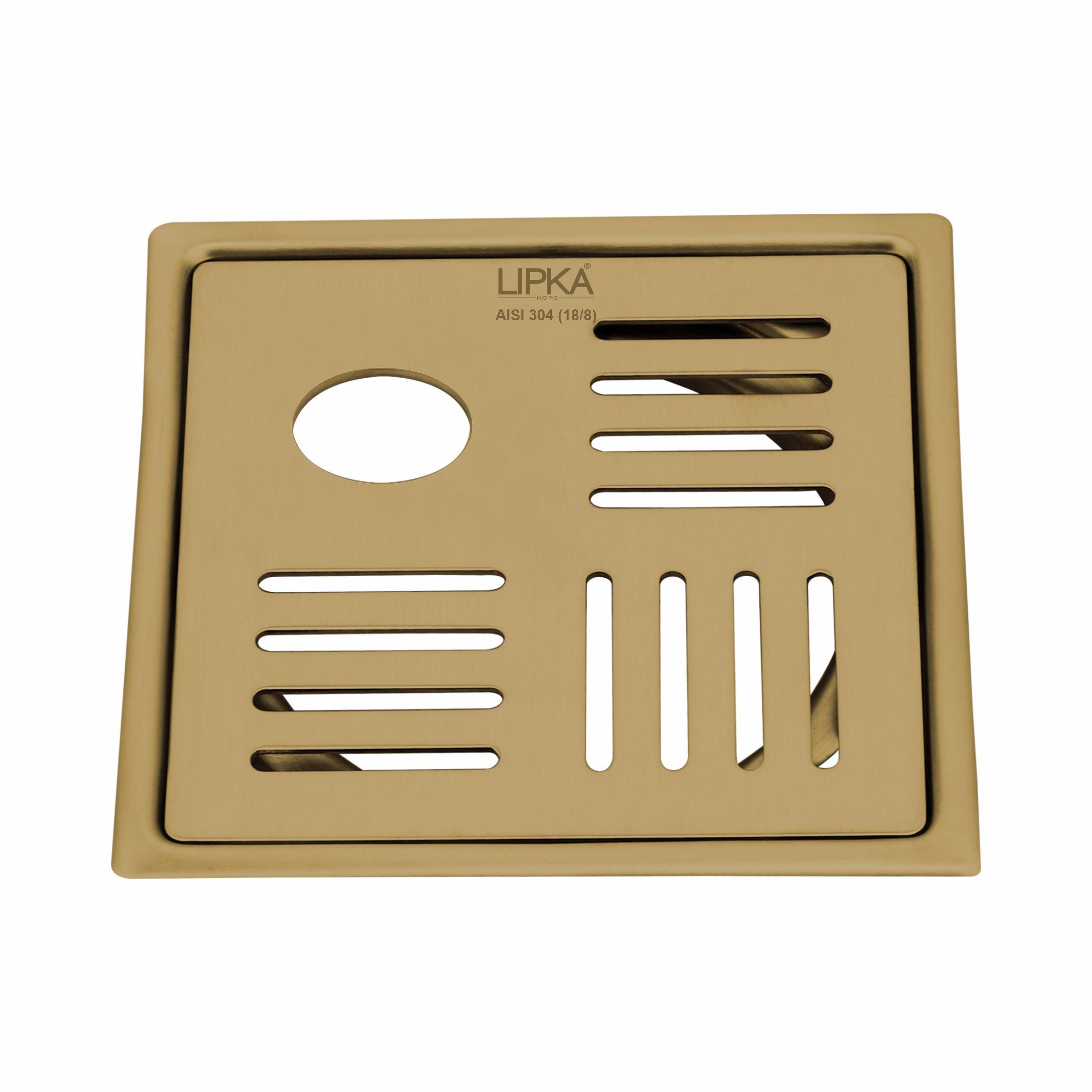Pink Exclusive Square Flat Cut Floor Drain in Yellow Gold PVD Coating (6 x 6 Inches) with Hole - LIPKA - Lipka Home