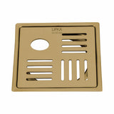 Pink Exclusive Square Flat Cut Floor Drain in Yellow Gold PVD Coating (6 x 6 Inches) with Hole - LIPKA