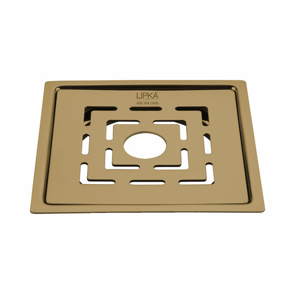 Orange Exclusive Square Flat Cut Floor Drain in Yellow Gold PVD Coating (6 x 6 Inches) with Hole - LIPKA - Lipka Home