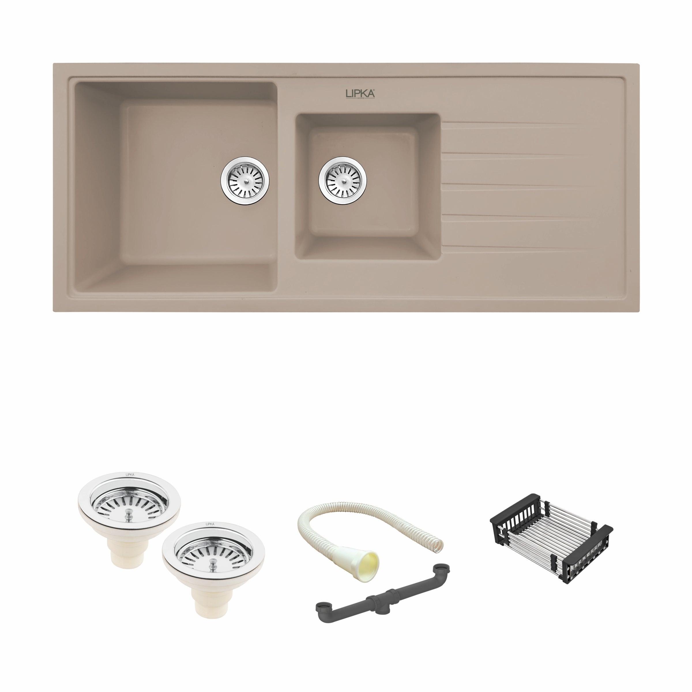 Sand Choco Quartz Double Bowl with Drainboard Kitchen Sink (45 x 20 x 9 Inches) - LIPKA - Lipka Home