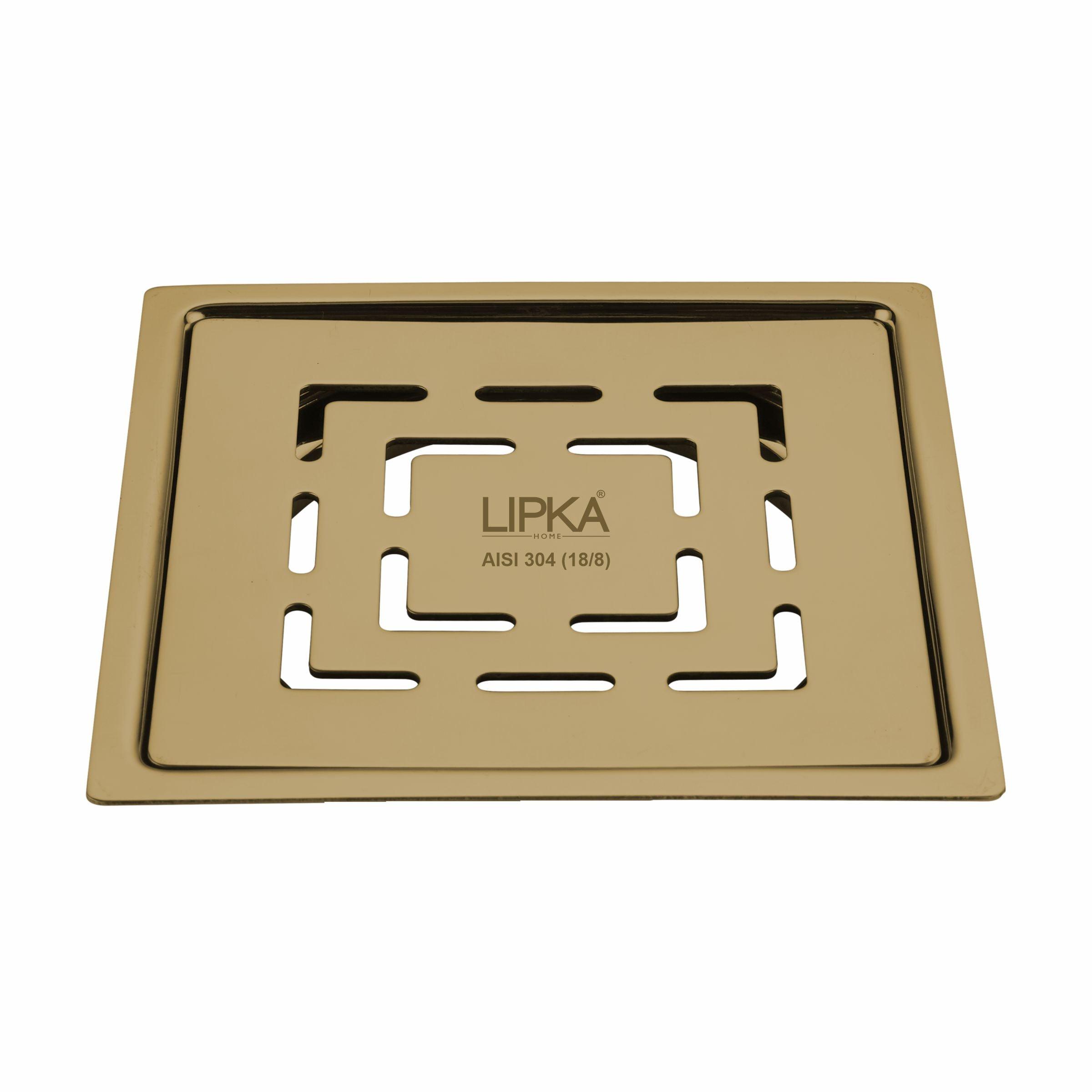 Orange Exclusive Square Flat Cut Floor Drain in Yellow Gold PVD Coating (6 x 6 Inches) - LIPKA - Lipka Home