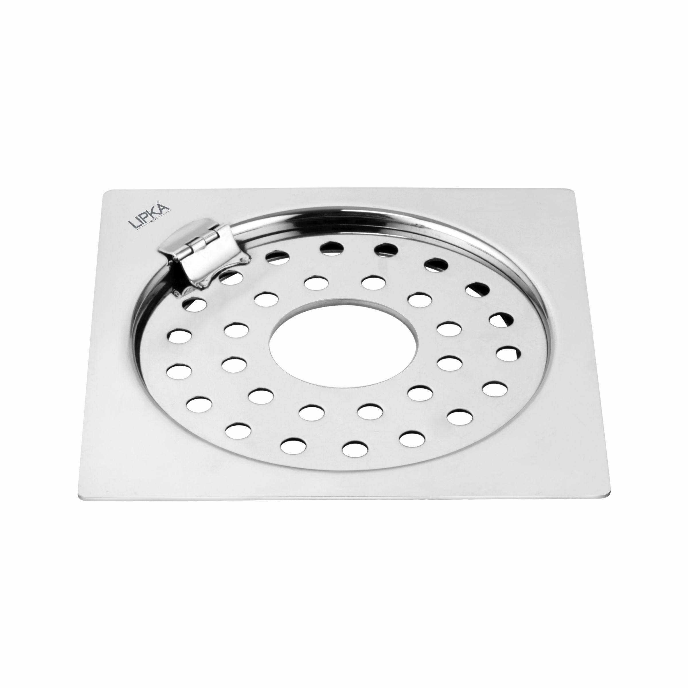 Eon Square Flat Cut Floor Drain with Plain Jali, Hinge and Hole (5 x 5 Inches) - LIPKA - Lipka Home