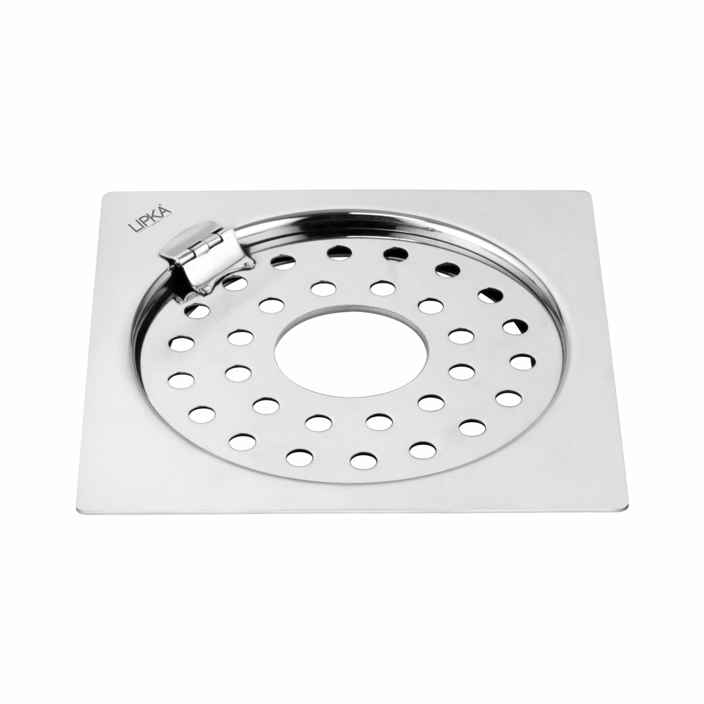 Eon Square Flat Cut Floor Drain with Plain Jali, Hinge and Hole (6 x 6 Inches) - LIPKA - Lipka Home