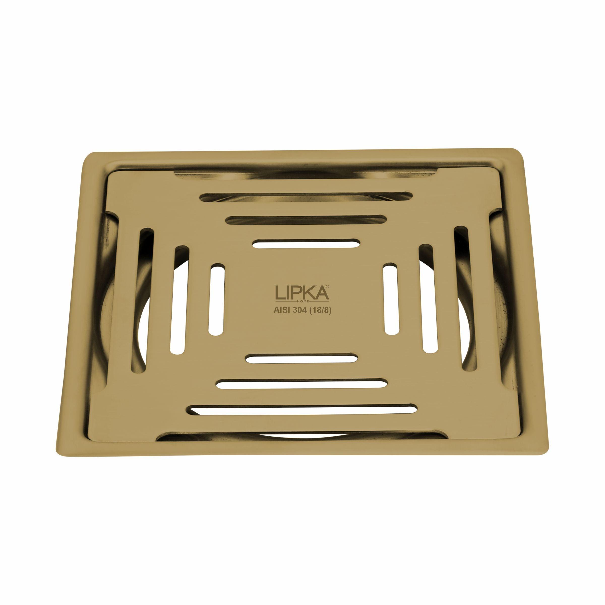 Green Exclusive Square Flat Cut Floor Drain in Yellow Gold PVD Coating (6 x 6 Inches) - LIPKA - Lipka Home