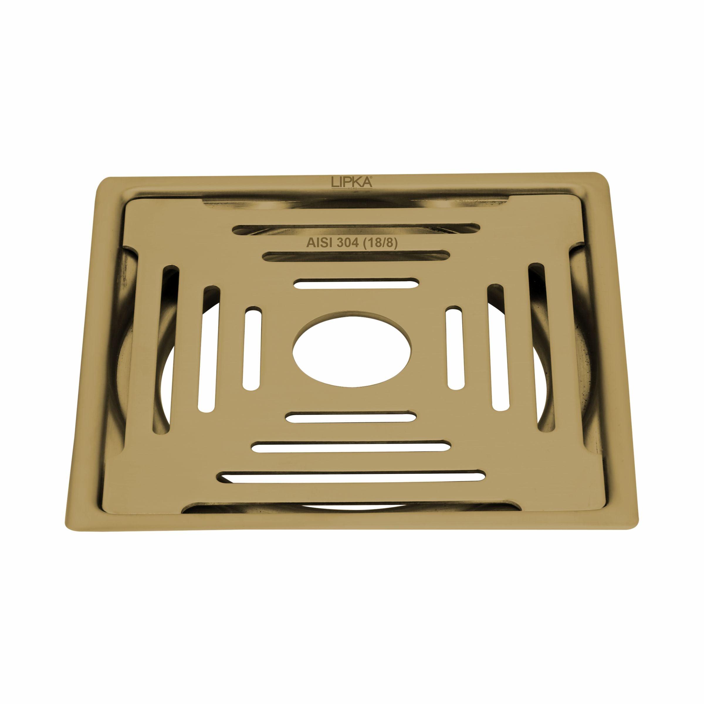 Green Exclusive Square Flat Cut Floor Drain in Yellow Gold PVD Coating (6 x 6 Inches) with Hole - LIPKA - Lipka Home