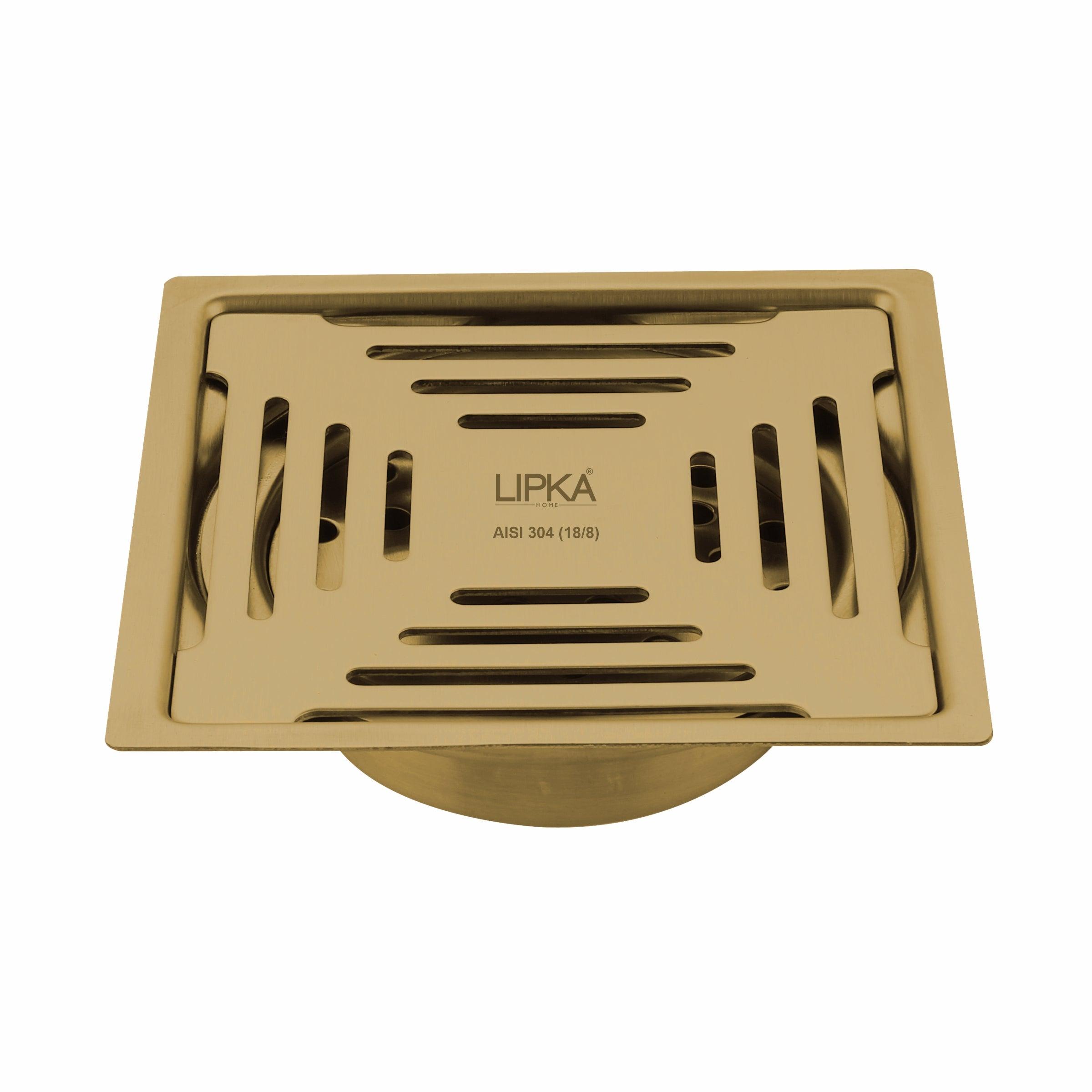 Green Exclusive Square Flat Cut Floor Drain in Yellow Gold PVD Coating (5 x 5 Inches) with Cockroach Trap - LIPKA