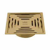 Green Exclusive Square Flat Cut Floor Drain in Yellow Gold PVD Coating (5 x 5 Inches) with Cockroach Trap - LIPKA