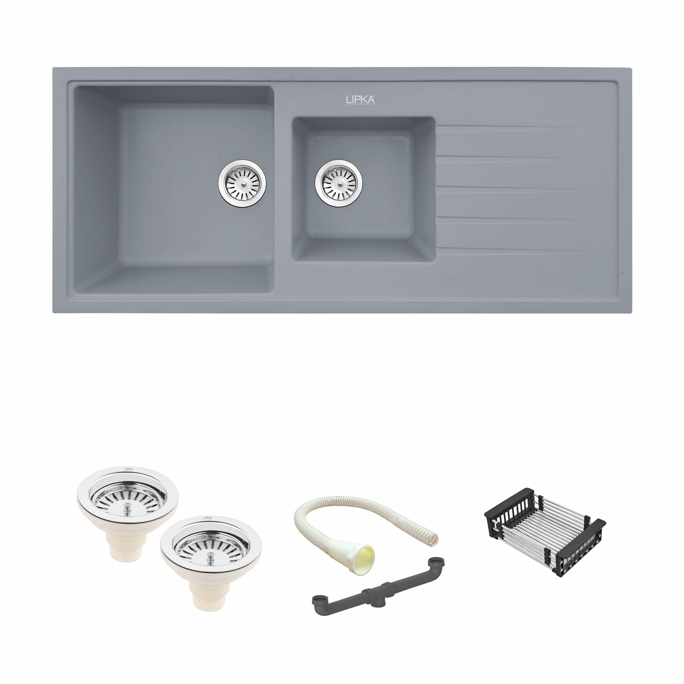 Smokey Grey Quartz Double Bowl with Drainboard Kitchen Sink (45 x 20 x 9 Inches) - LIPKA - Lipka Home