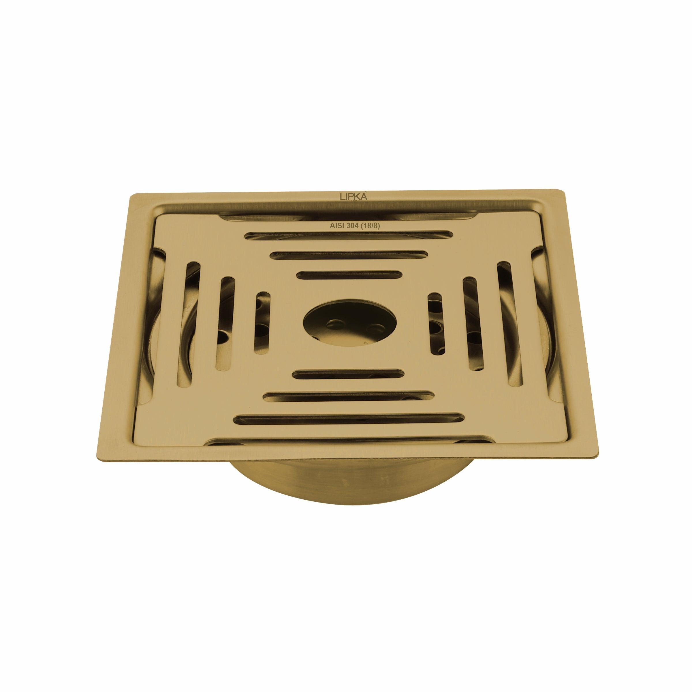 Green Exclusive Square Flat Cut Floor Drain in Yellow Gold PVD Coating (6 x 6 Inches) with Hole & Cockroach Trap - LIPKA