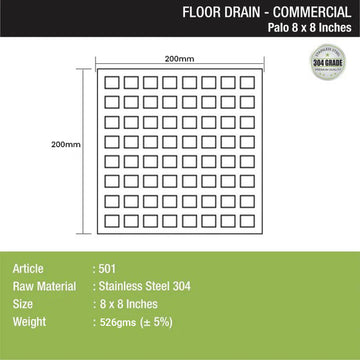 Palo Commercial 304-Grade Floor Drain (8 x 8 Inches) - LIPKA - 0