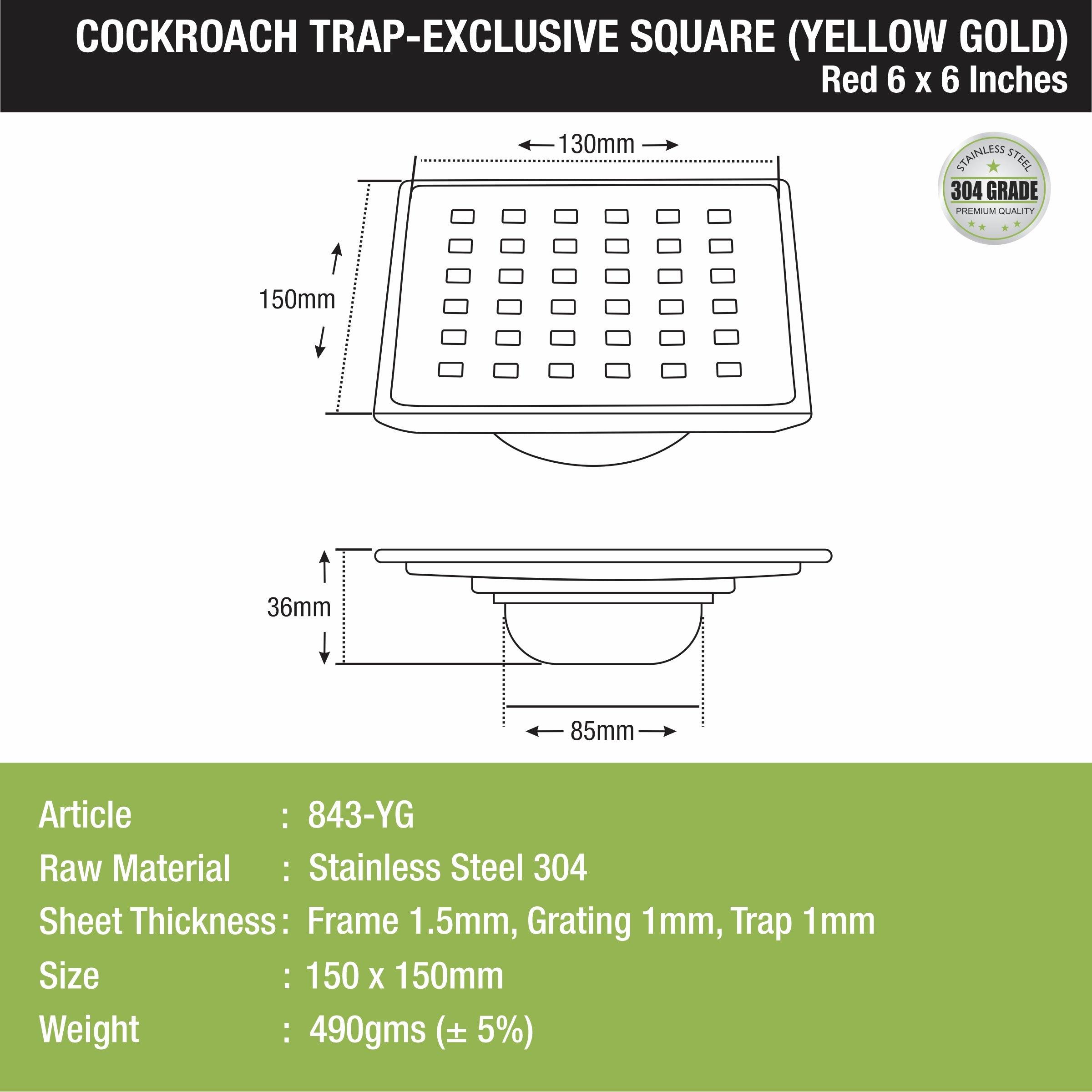 Red Exclusive Square Floor Drain in Yellow Gold PVD Coating (6 x 6 Inches) with Cockroach Trap - LIPKA - Lipka Home