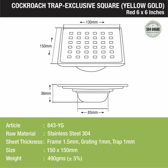 Red Exclusive Square Floor Drain in Yellow Gold PVD Coating (6 x 6 Inches) with Cockroach Trap - LIPKA - Lipka Home
