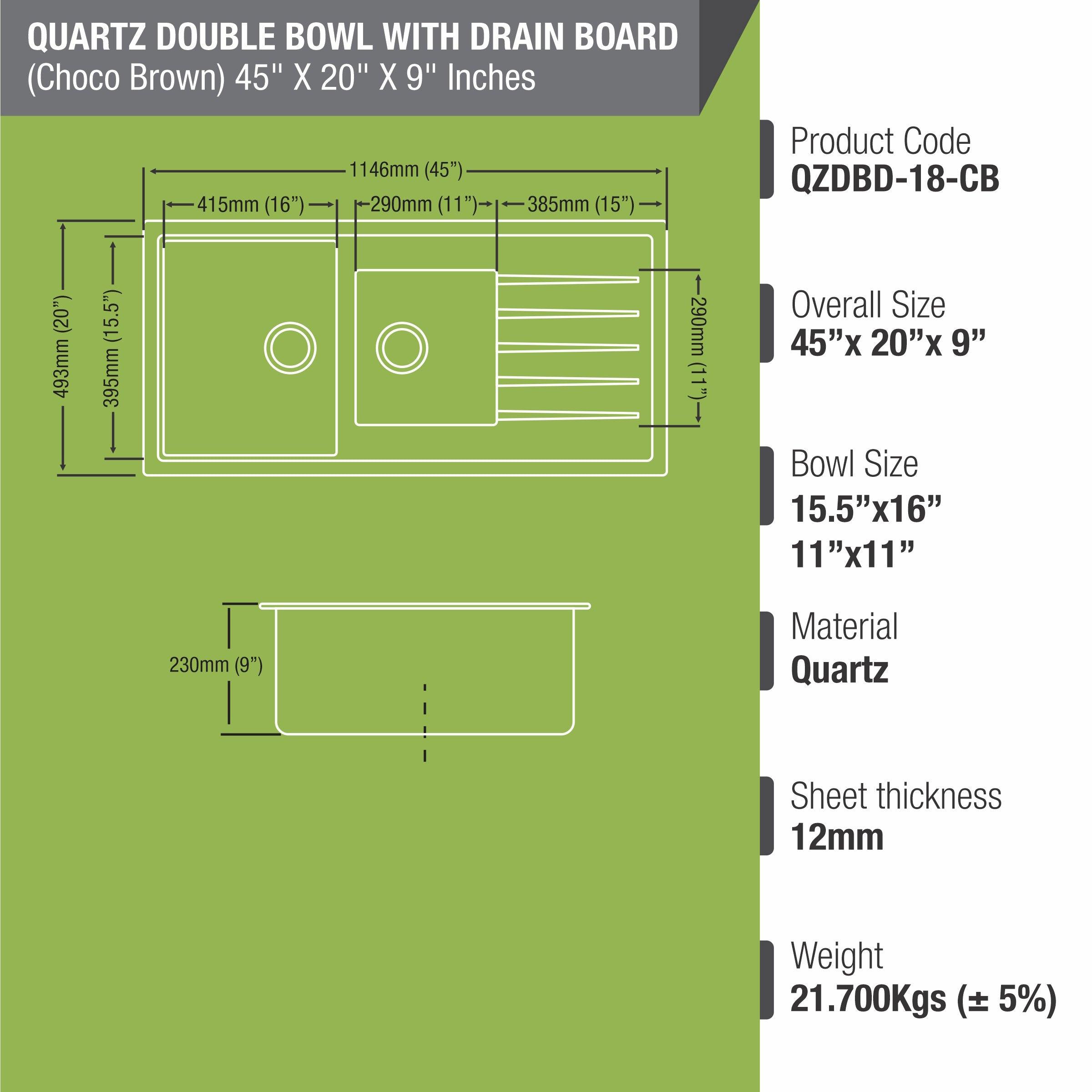 Choco Brown Quartz Double Bowl with Drainboard Kitchen Sink (45 x 20 x 9 Inches) - LIPKA - Lipka Home